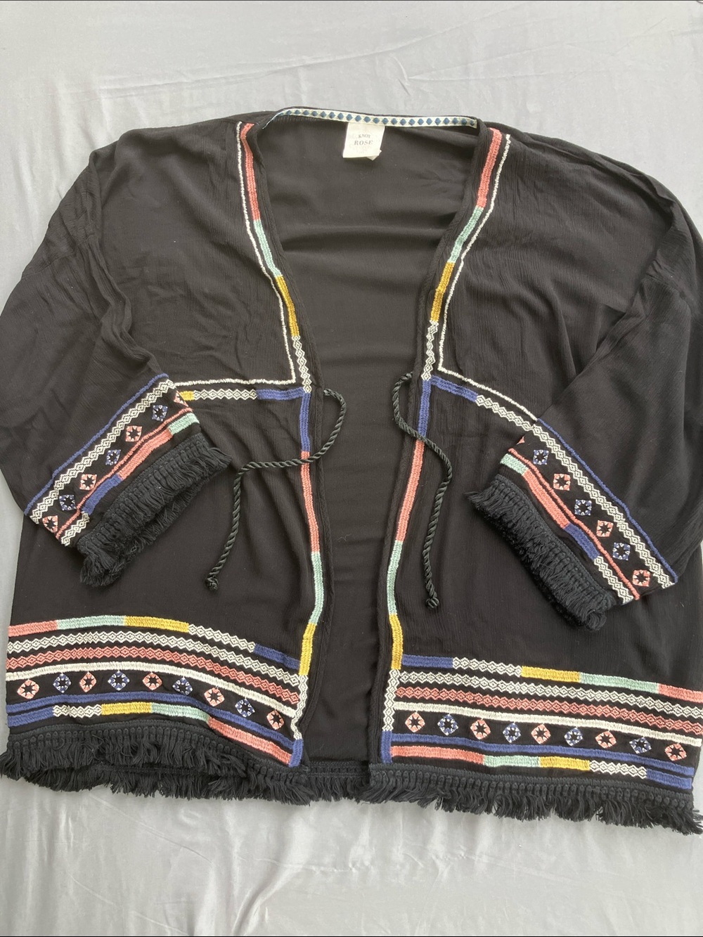Knox Rose Black Open-Front Embroidered Fringe Cardigan with Multicolor Trim